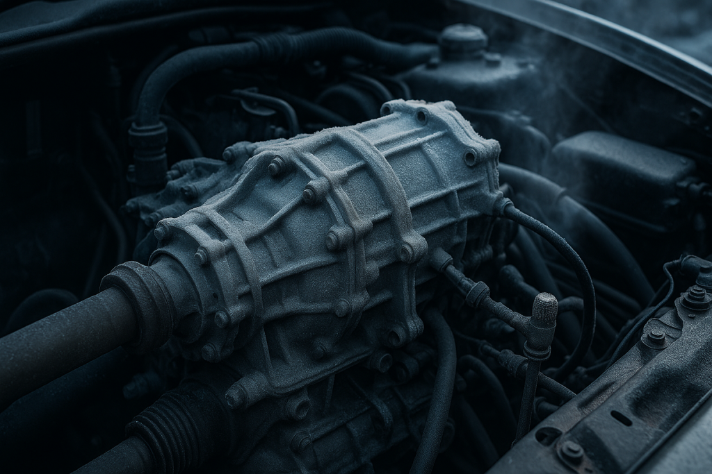 Winter car engine transmission bay