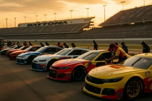 Daytona Superspeedway Package draft pack entering a banked turn
