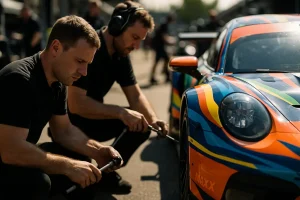 GT America Road America cars preparing on the grid before a sprint race