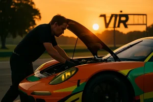 IMSA VIR Preview with GT cars racing through Virginia International Raceway corners