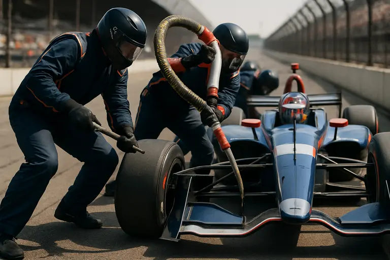 IndyCar pit crew preparing for a short-oval stop during race conditions