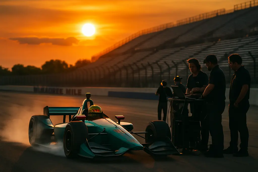 Milwaukee Mile strategy scene with IndyCar traffic entering a short oval turn