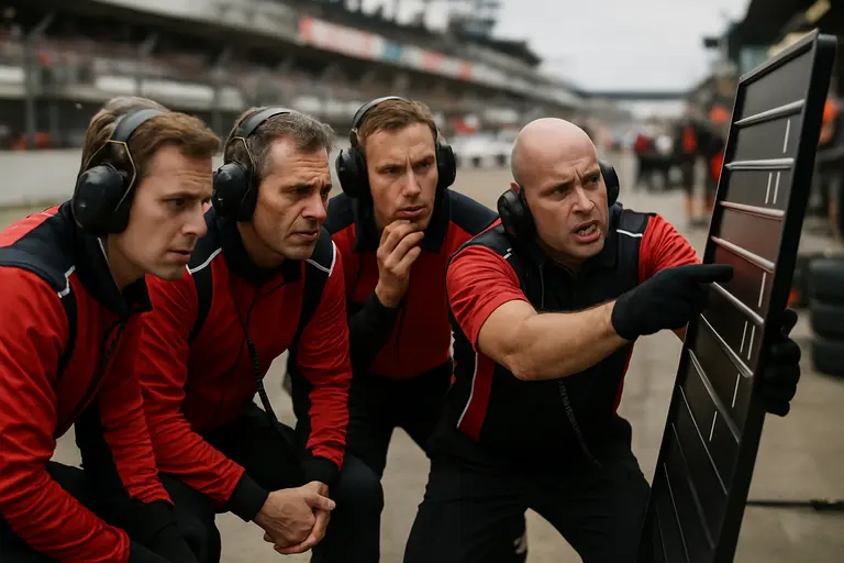 Race engineer speaking to a driver during an IMSA pit stop sequence