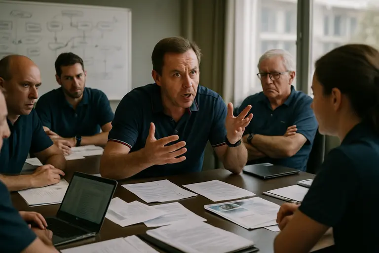 Stewards and race officials discussing incident footage in a control room