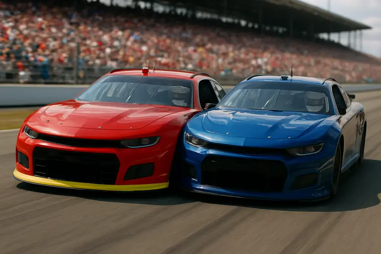 Two lines of stock cars forming a draft on a superspeedway straight