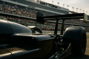 Daytona Aero Package cars racing in a tight superspeedway draft through the banking