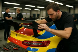Daytona Spoiler Regulations analysis with Cup cars drafting through a superspeedway corner