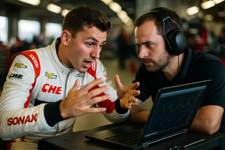 Driver and race engineer reviewing data inside an INDYCAR garage
