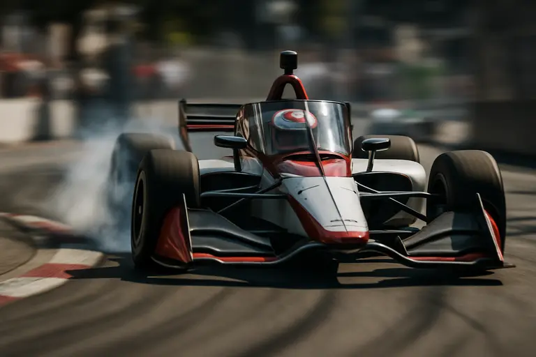 IndyCar accelerating from a slow street-circuit corner during race conditions