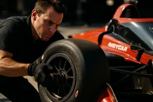INDYCAR tire strategy scene with crew preparing alternate tires on a street circuit pit lane