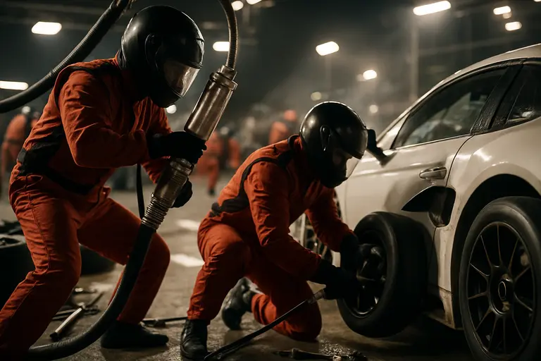 NASCAR pit crew servicing a car during a Daytona strategy stop