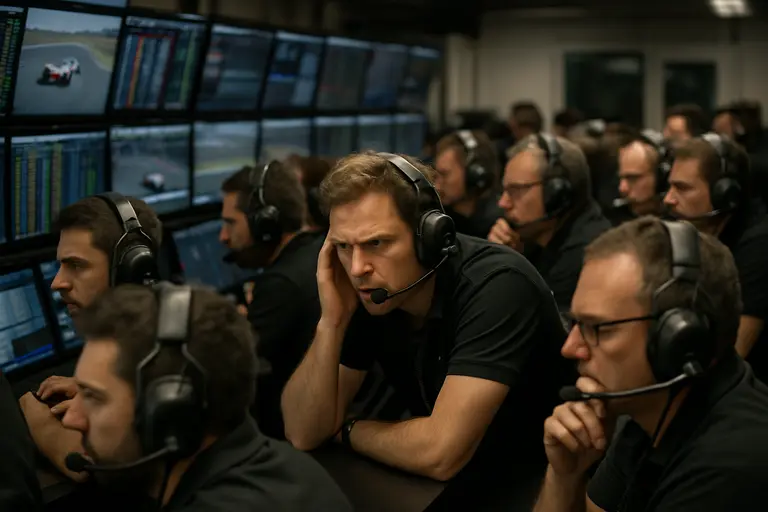 Race control and safety crew activity near a stopped stock car