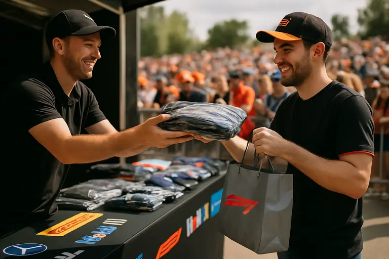 Race merchandise display with fans browsing during a NASCAR event